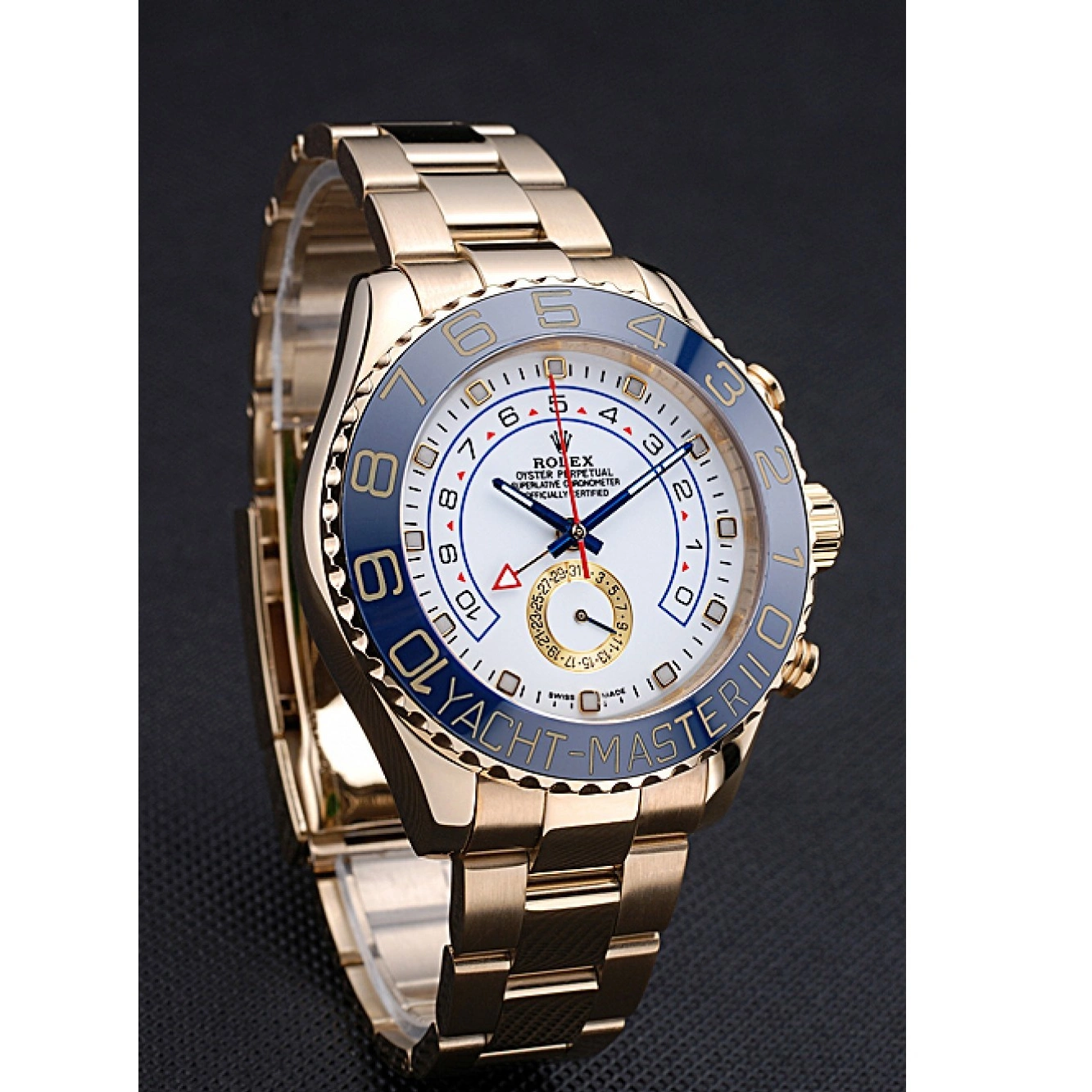 Aaa replica Yachtmaster Dial II Rolex Blue Bezel White 622271 Bracelet Gold 0603